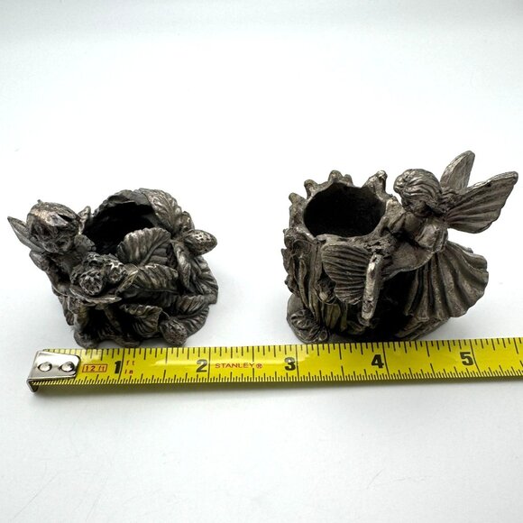 Candlestick Holder Pewter Fairies Set of 2 Butterflies Flowers Vintage Taiwan - Picture 3 of 12